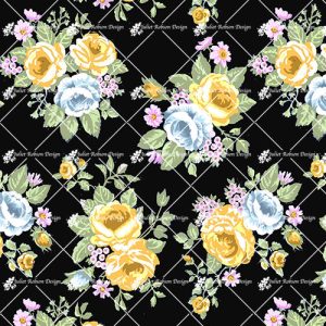 Yellow Blue Rose Sprigs on Black DITSY2045